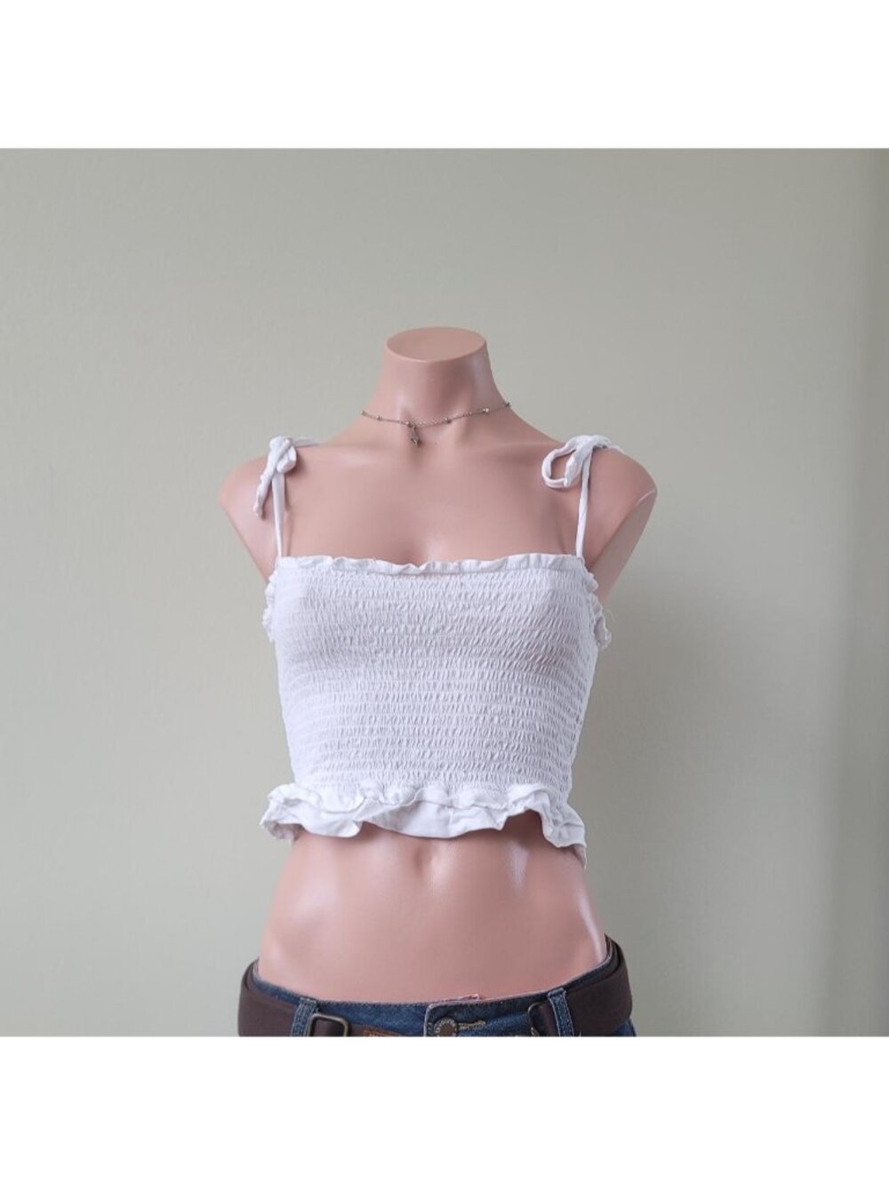 Garage White Cotton Mesh Lace Inset Front Ribbon Tie Summer Cami (M)